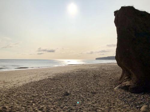 a beach with a large rock and the ocean at Bliss On The Bay in Filey