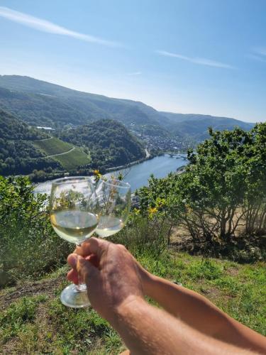 a person holding a glass of wine overlooking a river at MV Römervilla, Lofts & Penthouses mit traumhaftem Moselpanoramablick und Sauna in Treis-Karden