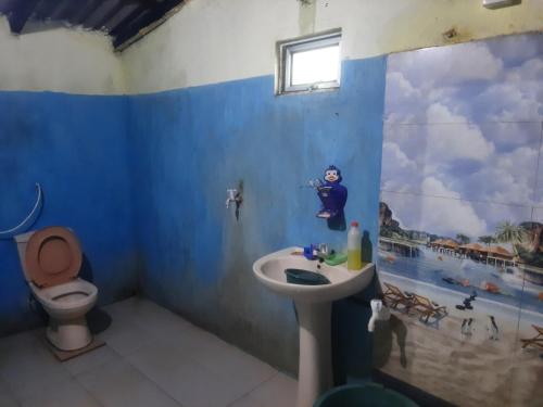a blue bathroom with a sink and a toilet at Village nature home 