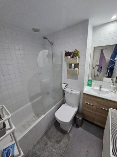 uma casa de banho com um chuveiro, um WC e um lavatório. em Cómodo apartamento en Madrid em Madrid
