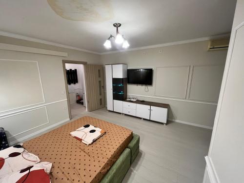 ein Schlafzimmer mit einem Bett und einem TV. in der Unterkunft Apartament 1 camera Brăila(hipodrom) in Brăila