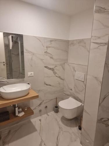 a bathroom with a sink and a toilet at Appartamento centro Sondrio in Sondrio