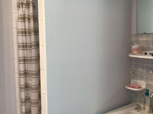 une salle de bain avec un rideau de douche et des toilettes dans l'établissement Studio 20m² lumineux avec balcon - Cœur de Berck Plage, proche commerces et plage - FR-1-646-20, à Berck-sur-Mer