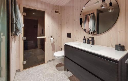 a bathroom with a sink and a toilet and a mirror at Gorgeous Home In Jsenfjorden With Sauna in Gullingen
