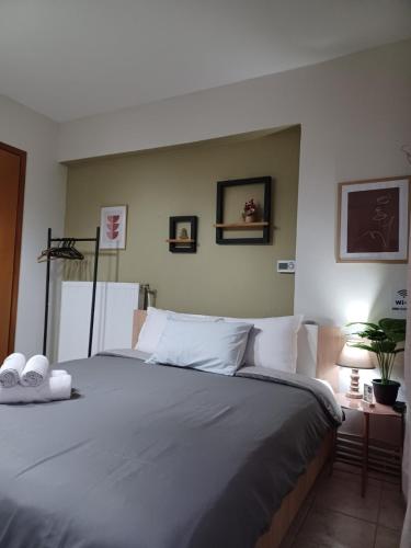 1 dormitorio con 1 cama grande con almohadas blancas en Elegante room en Serres
