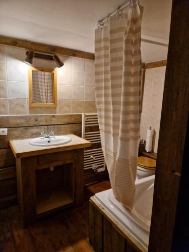 uma casa de banho com um lavatório, uma banheira e um chuveiro em Alpina Lodge Chalet By Valdiski em Val dʼIsère