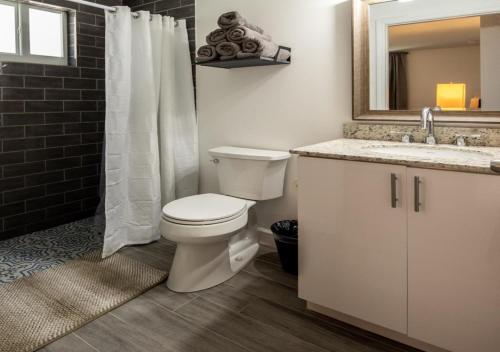 La salle de bains est pourvue de toilettes, d'un lavabo et d'un miroir. dans l'établissement Casa en Corazon de Miami Pequeña Habana, à Miami