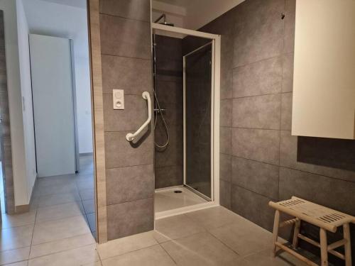 une douche avec une porte vitrée dans une salle de bain dans l'établissement Appartement en rez de jardin., à Porto-Vecchio