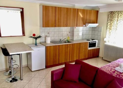 a kitchen with wooden cabinets and a red couch at Omonias Apartments in Kavála