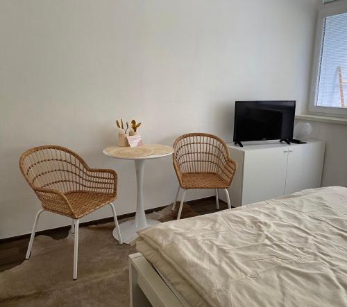 魯哈科維斯的住宿－Apartmán Luhačovice II.，一间卧室配有桌子和两把椅子以及一台电视机