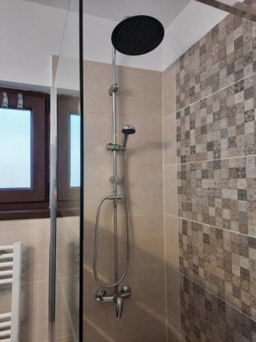 a shower with a glass door in a bathroom at Casa Bunicilor in Ciprian Porumbescu