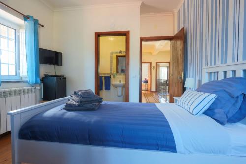 1 Schlafzimmer mit einem blauen Bett und einem Badezimmer in der Unterkunft Quinta do Rio Alva and Glamping Lodges in Mouronho