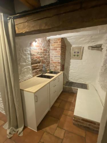 a kitchen with a sink and a brick wall at Pikk Old town apartment in Tallinn