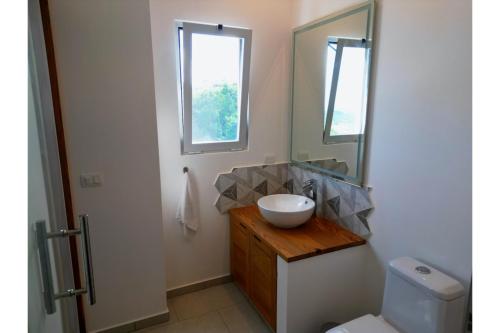 a bathroom with a sink and a mirror and a toilet at Appartement à Monte Buena Vista in Las Terrenas