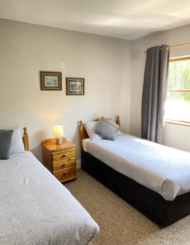 a bedroom with two beds and a window at The Robins Rest in Killarney