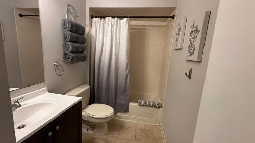 a bathroom with a toilet and a sink and a shower at Ski on Ski off Mtn Chalet in Vernon
