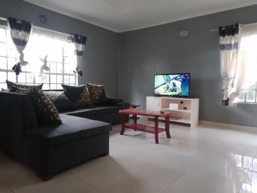 a living room with a couch and a tv at Plush 3 Bedroom Apartment Home in Kitale