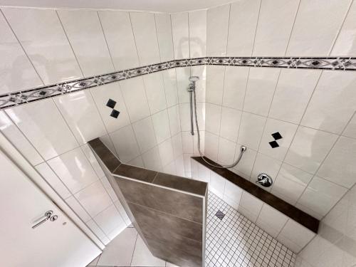 a tiled bathroom with a shower and a staircase at Villa Hardegsen in Hardegsen