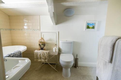 a bathroom with a toilet and a tub and a sink at Boscastle Quaint Cornish Fishermans Cottage in Boscastle