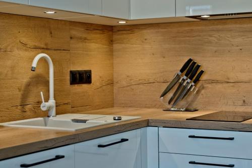 a kitchen with a sink and a counter top at Apartamenty Belni Hel Edyta i Maciej Wolak in Hel