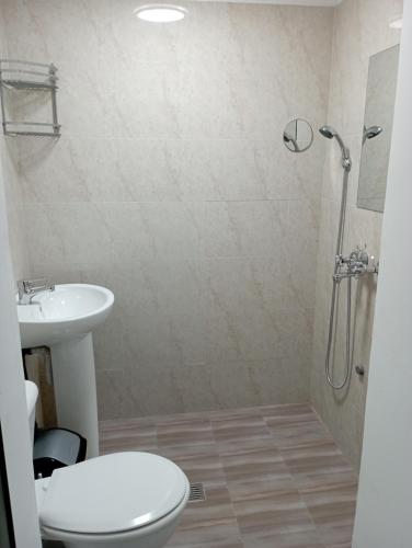 La salle de bains est pourvue d'une douche, de toilettes et d'un lavabo. dans l'établissement PENSIUNE Sweet Touch, à Craiova