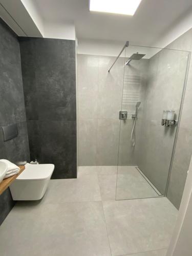 a bathroom with a shower and a toilet and a sink at Apartament Cicha 16B2 in Krynica Zdrój