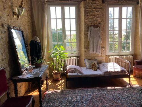 Cette chambre comprend un lit, un miroir et des fenêtres. dans l'établissement Maison Les Beaux Arts, à Mouzay