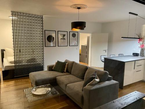 ein Wohnzimmer mit einem Sofa und einer Küche in der Unterkunft Charmantes Studio Maschsee und Messe Nähe in Hannover