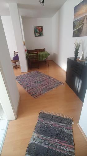 uma sala de estar com um tapete num piso de madeira em Apartment 8 Pirmasens em Pirmasens