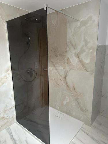a shower with a glass door in a bathroom at CASA ANA Apartament 2 in Câmpulung Moldovenesc