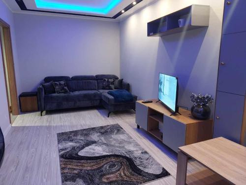 a living room with a couch and a television at Bee Happy Apartament Wrzesnia ll in Września
