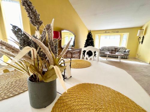 uma sala de estar com um vaso de plantas sobre uma mesa em Harvest moon room with TV near Wine Country em Hemet