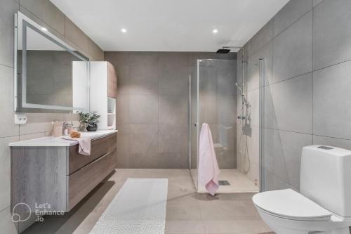uma casa de banho com um chuveiro, um WC e um lavatório. em A Modern Home in Nature's Embrace em Tromsø