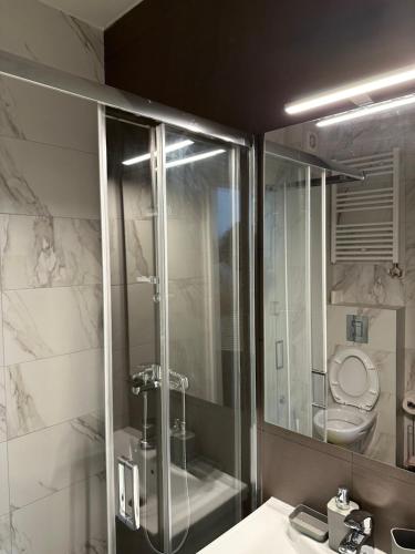 La salle de bains est pourvue d'une douche, d'un lavabo et de toilettes. dans l'établissement Sleep&Fly Belgrade, à Ledine