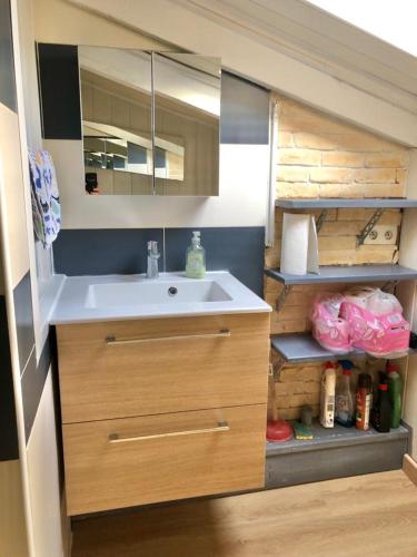 une salle de bain avec un lavabo et un miroir dans l'établissement Apt 2-3 pces dans le Carre d Or a 290 m des plages, à Nice