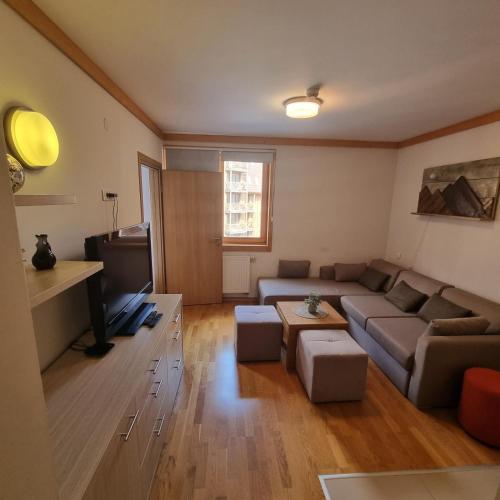 a living room with a couch and a tv at Apartment U345 - Aparthotel Vučko Jahorina - private host in Jahorina