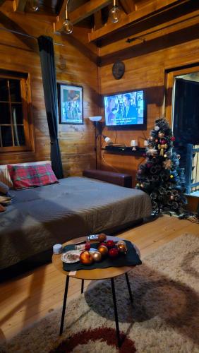 una sala de estar con un árbol de Navidad y una cama en Eko kuća Zlatiborsko srce en Zlatibor