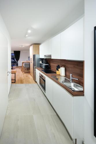 a kitchen with white cabinets and a sink at Zoder Apartments in Vienna