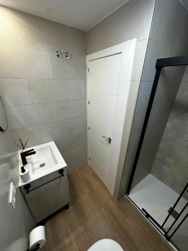 a bathroom with a toilet and a sink and a shower at Vivienda La Colina in Córdoba