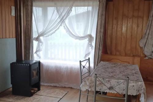 een kamer met een raam met een tafel en een televisie bij cabañas mateo 01 in Puerto Puyuhuapi