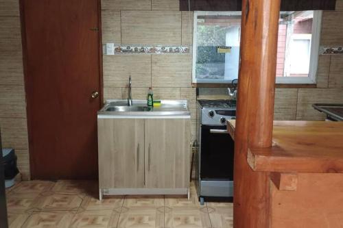 een keuken met een wastafel en een fornuis bij cabañas mateo 01 in Puerto Puyuhuapi