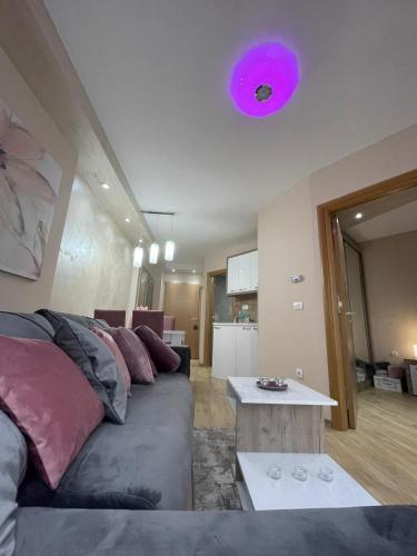 a living room with a couch and a pink light at APARTMAN 94 in Zlatibor