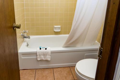 a bathroom with a white tub and a toilet at Traveler's Inn in Eureka Springs