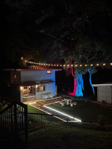 a house lit up at night with lights on a tree at Villazul 1 in Poás