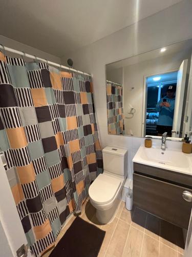 a bathroom with a toilet and a sink and a mirror at Departamento Viña del Mar in Viña del Mar