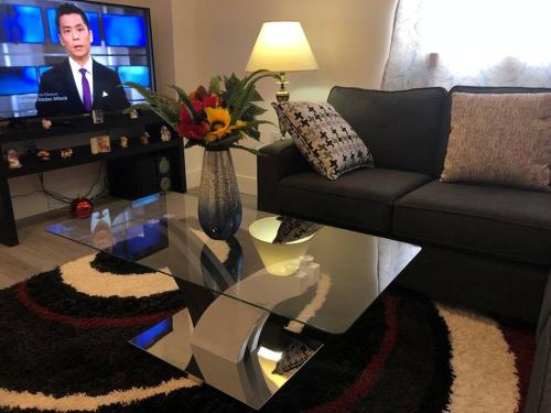 a living room with a couch and a glass table at ChrisTon Exotic Suite - A Homey Suite in Halifax