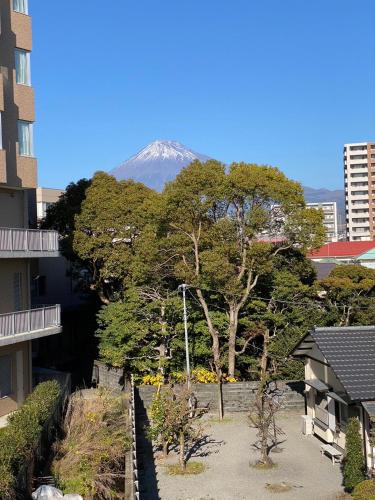 a mountain in the background of a city with trees at MR TOMO FUJI in Fuji