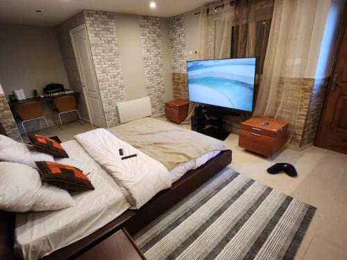1 dormitorio con 1 cama grande y TV de pantalla plana en Nuit aimable, en Biot