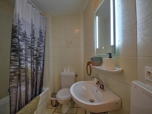 une salle de bain avec un lavabo et des toilettes et une fenêtre dans l'établissement Studio cosy au centre de Morzine, pour 4 pers avec balcon, proche des pistes et services - FR-1-524-124, à Morzine