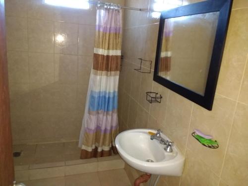 W łazience znajduje się umywalka i prysznic. w obiekcie Cabaña Siquiman w mieście Villa Parque Siquiman